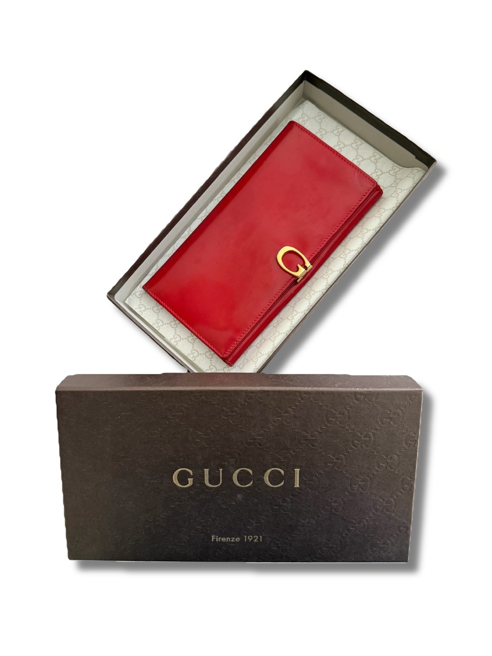 Gucci Red Patent Leather Continental Wallet with box
